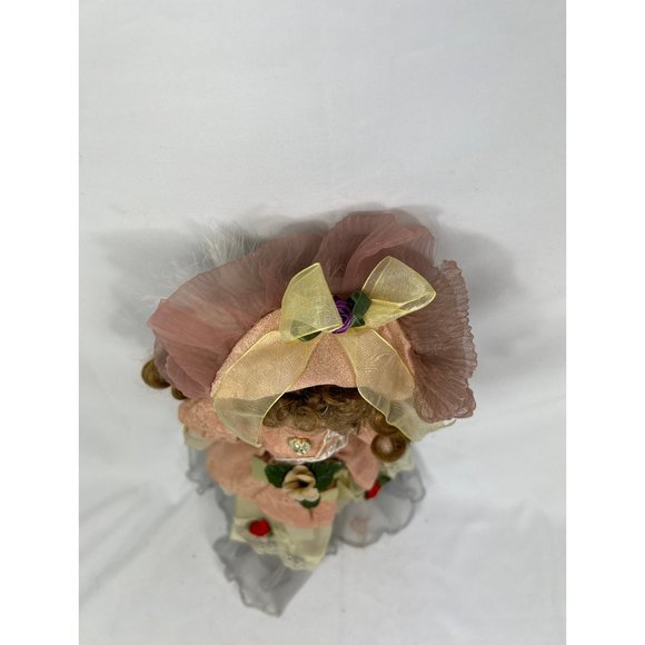 Vintage Porcelain Doll 15" Blue Eyes Brown Hair Pink Dress Floral Figure Toy 1 - Picture 5 of 7